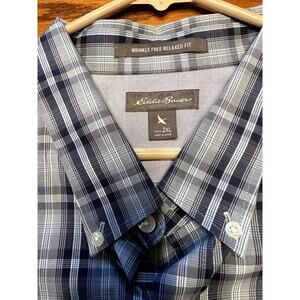 Eddie Bauer blue plaid long sleeve button, men's down casual 2XL shirt